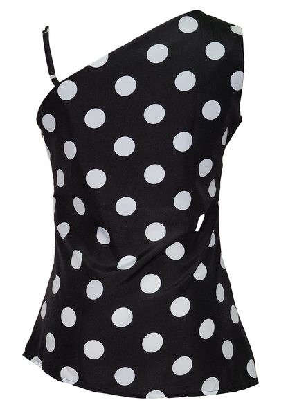The Starlet Asymmetrical Top - Black Polka Dots