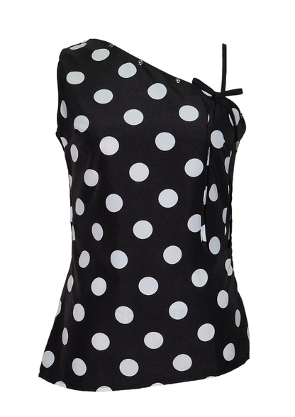 The Starlet Asymmetrical Top - Black Polka Dots