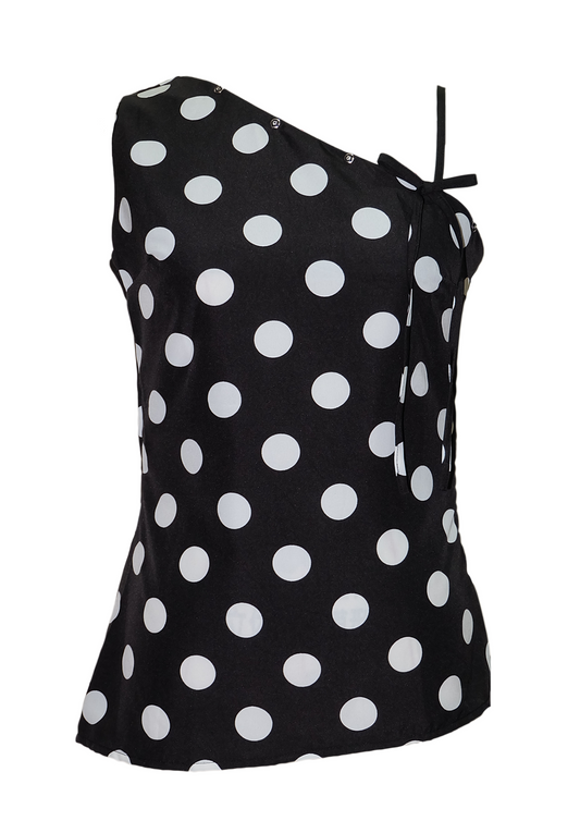 The Starlet Asymmetrical Top - Black Polka Dots